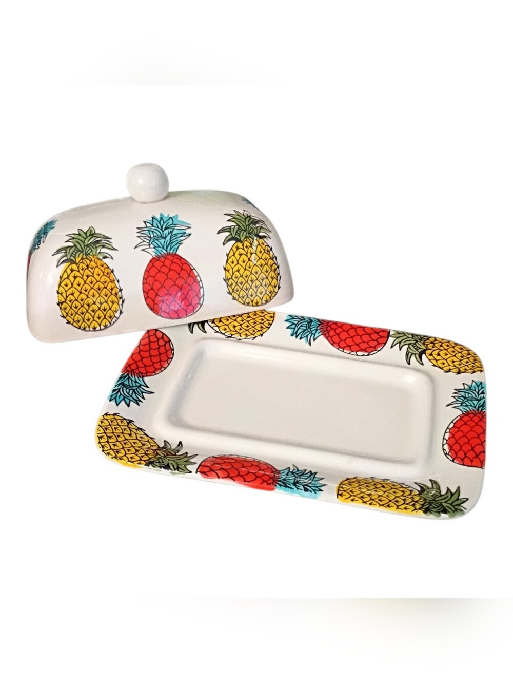 Signature Housewares Pineapple Butter Dish, Retro Tropical Colorful - Picture 2 of 4